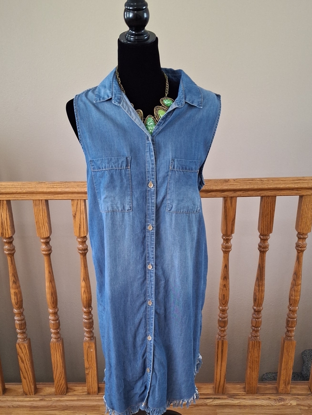 Sleeveless Chambray Button-Front Dress/Vest/Duster in Denim Blue